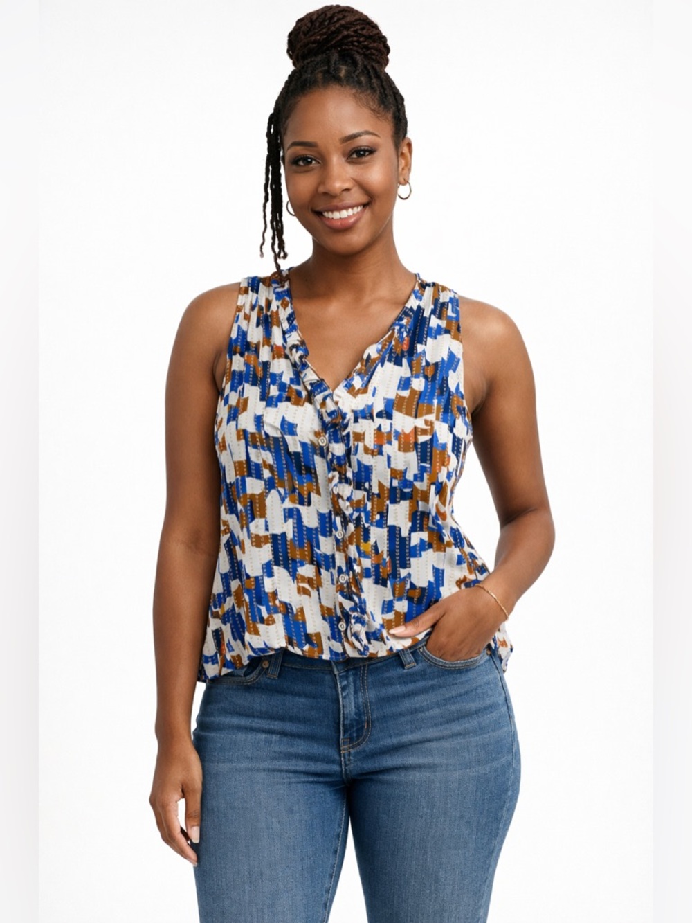 Cabi Sleeveless Button Front Blouse Geometric Print Blue White Boho Flowy Top L